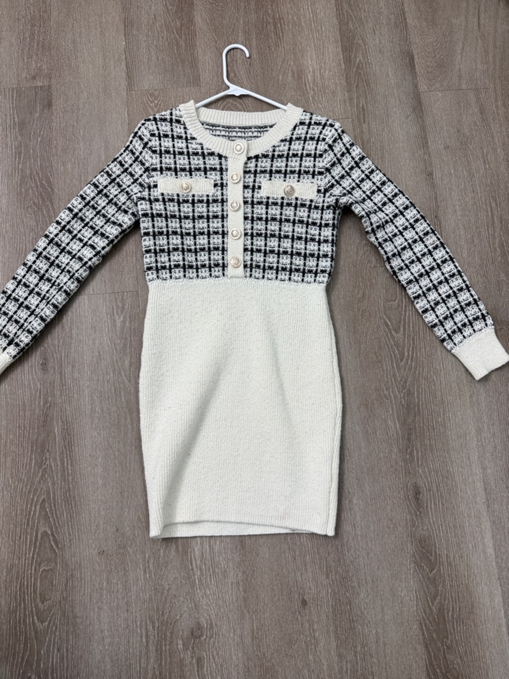 Cream and Black Knit Long-Sleeve Dress with Button Front